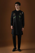 Lotuses Hand Embroidered Designer Kurta - Black