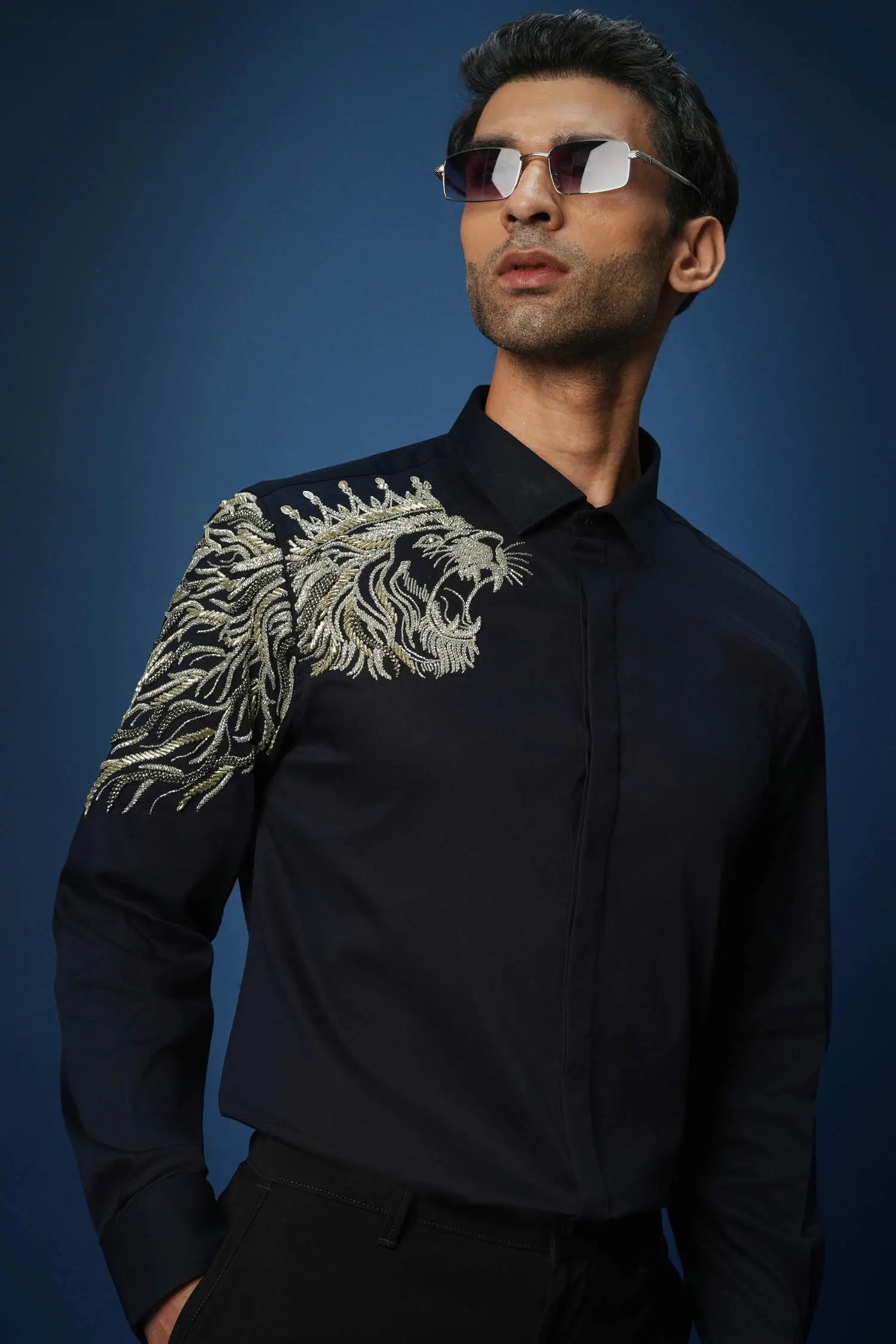 Narasimha embroidered Designer Shirt - Navy