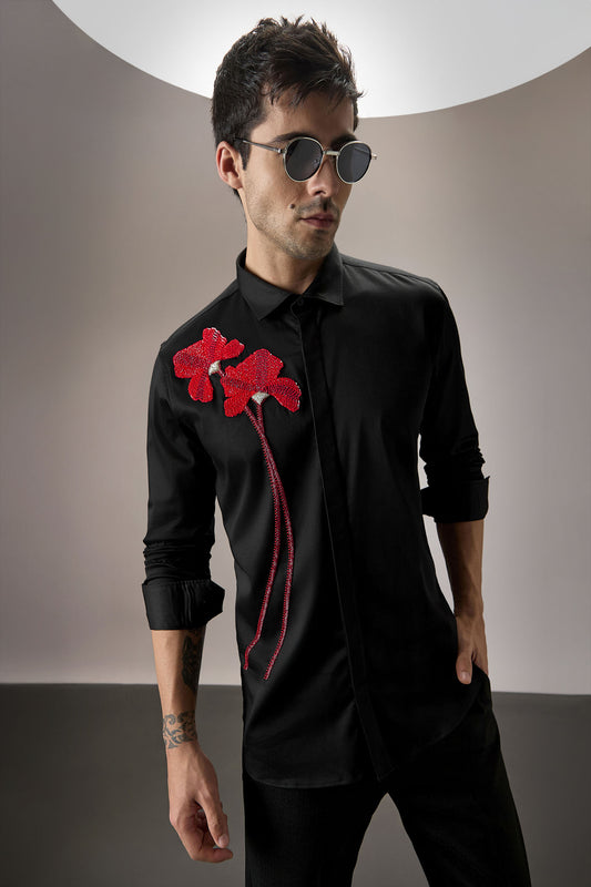 Red Flower - Hand Embroidered Designer Shirt - Black