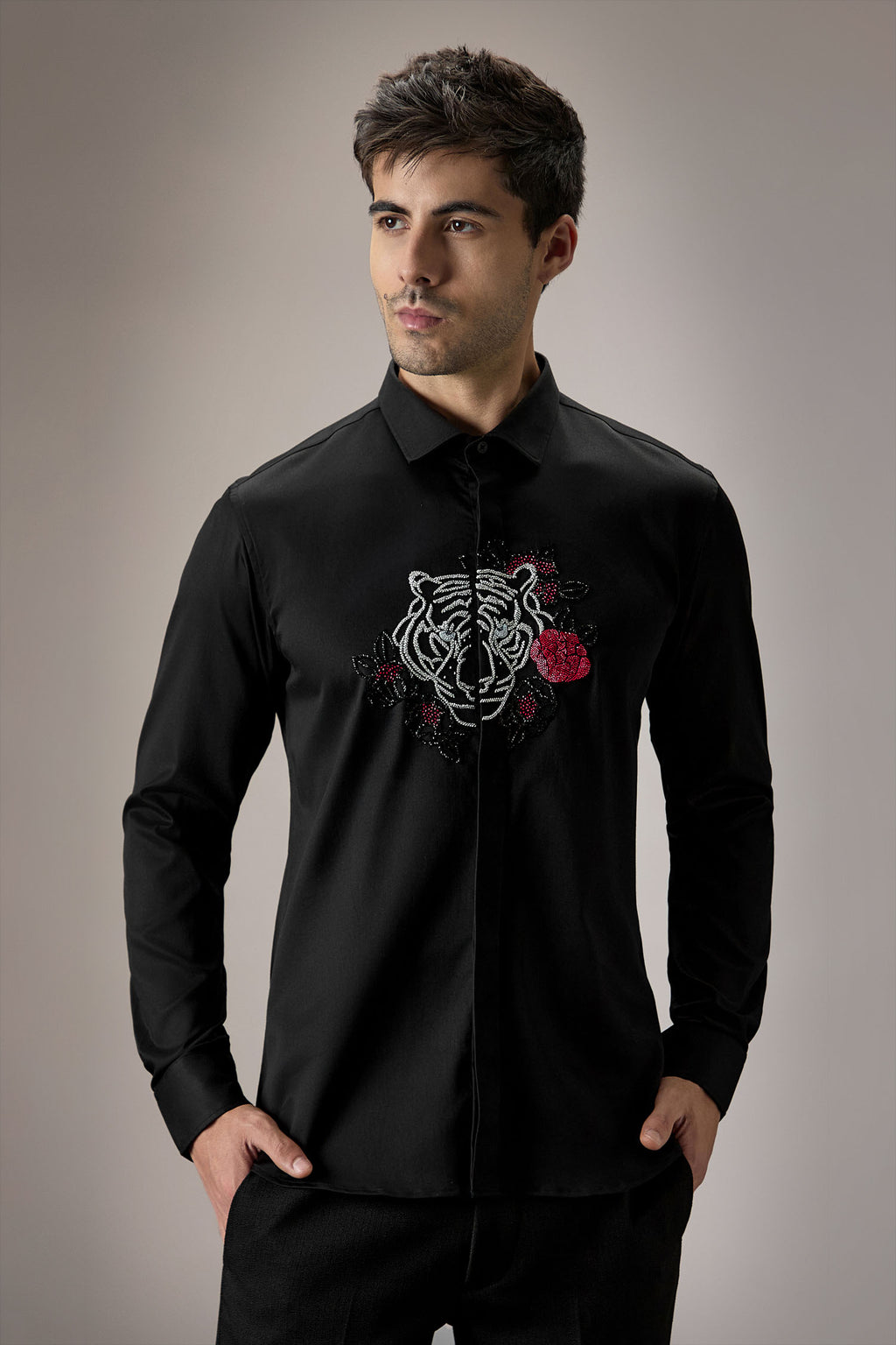 Flora and Fauna (Tiger)- Hand Embroidered Designer Shirt - Black