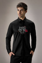 Flora and Fauna (Tiger)- Hand Embroidered Designer Shirt - Black
