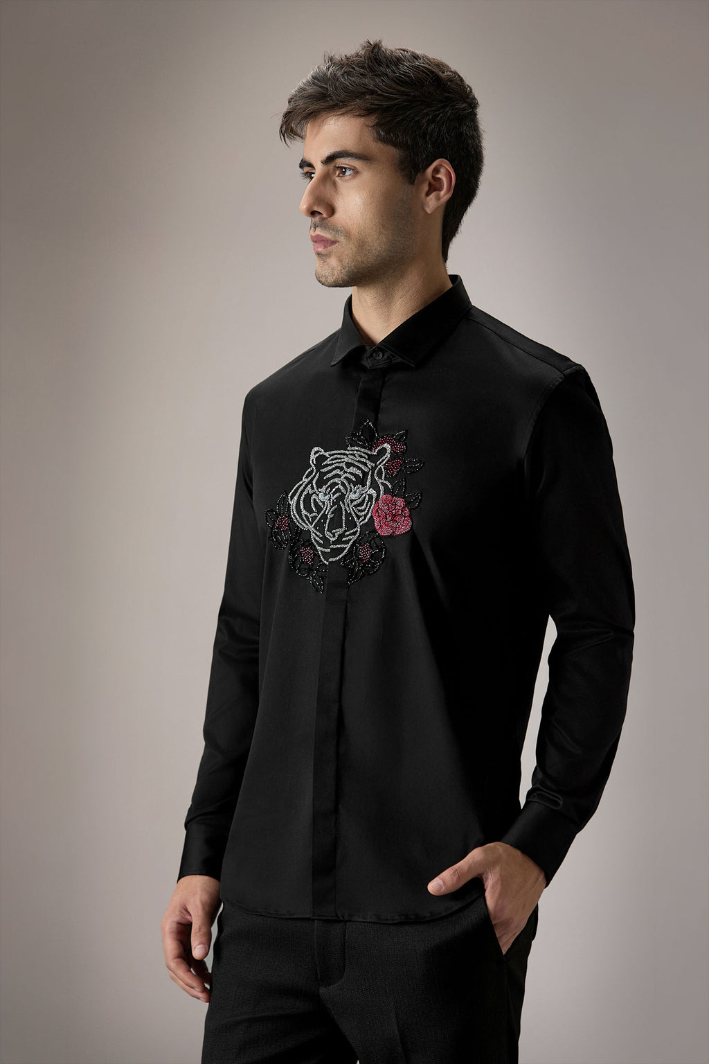 Flora and Fauna (Tiger)- Hand Embroidered Designer Shirt - Black