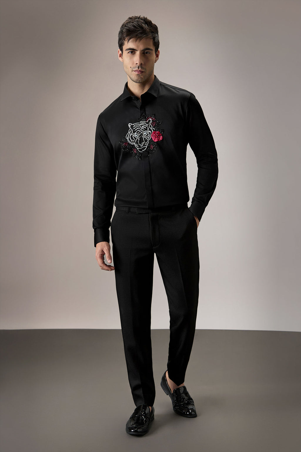 Flora and Fauna (Tiger)- Hand Embroidered Designer Shirt - Black