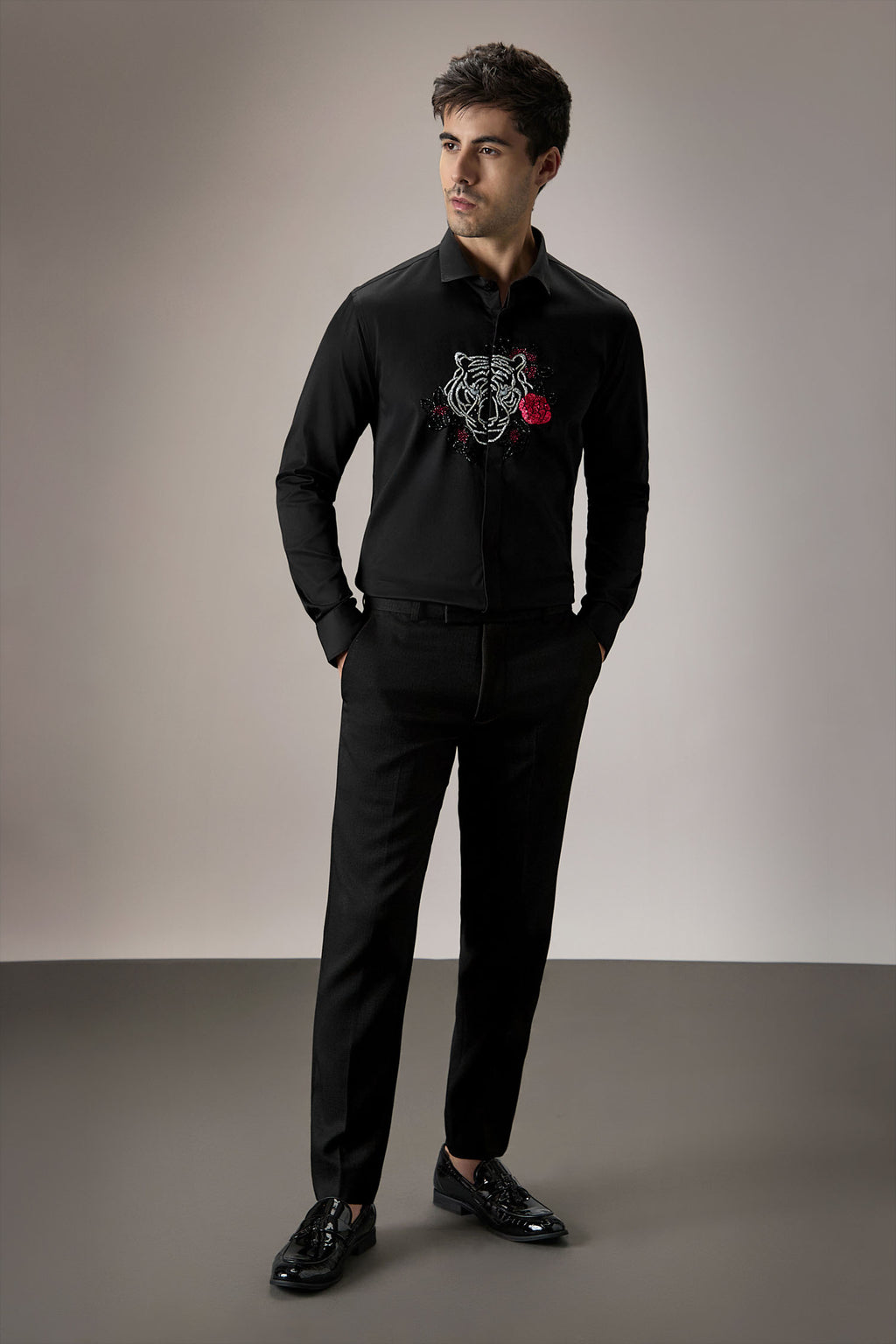 Flora and Fauna (Tiger)- Hand Embroidered Designer Shirt - Black
