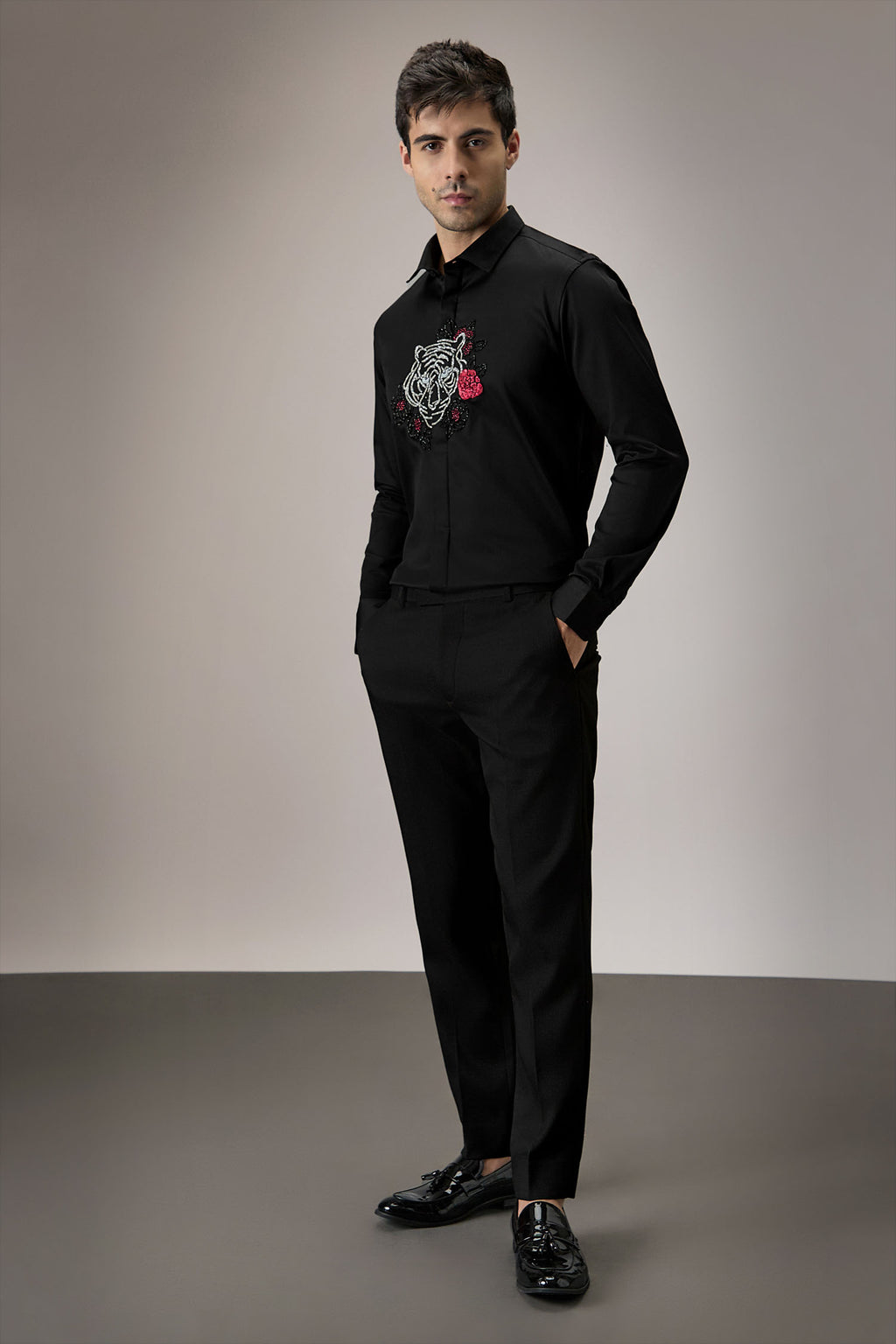 Flora and Fauna (Tiger)- Hand Embroidered Designer Shirt - Black