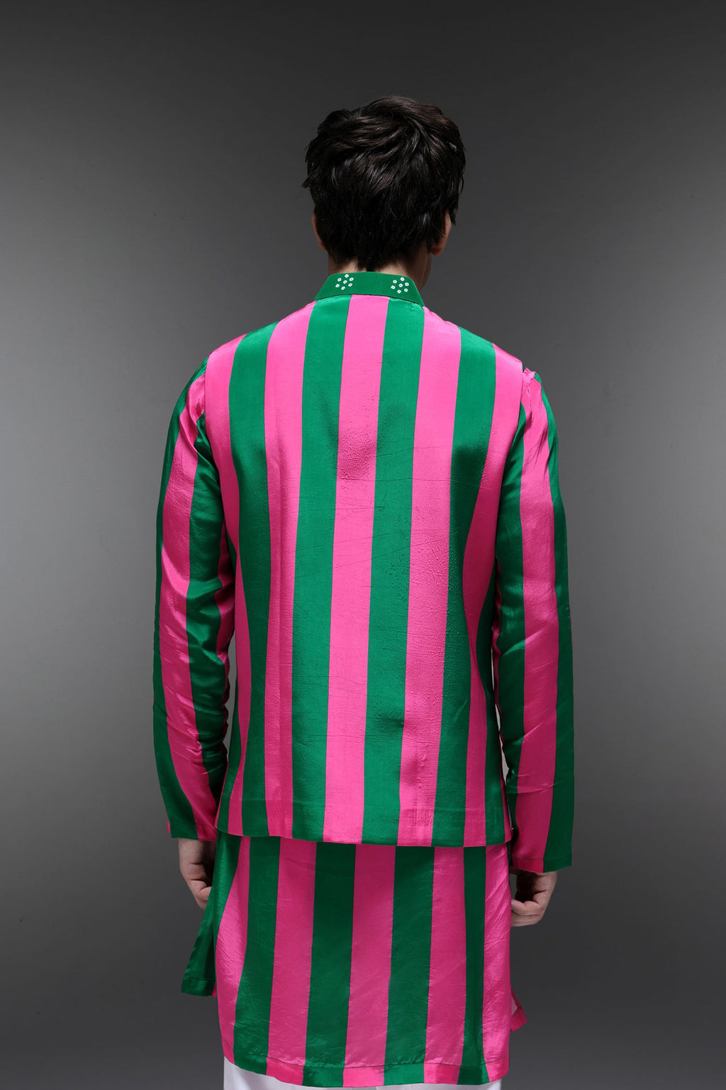 Elaris - Hand Embroidered Designer Bundi With Kurta - Pink & Green