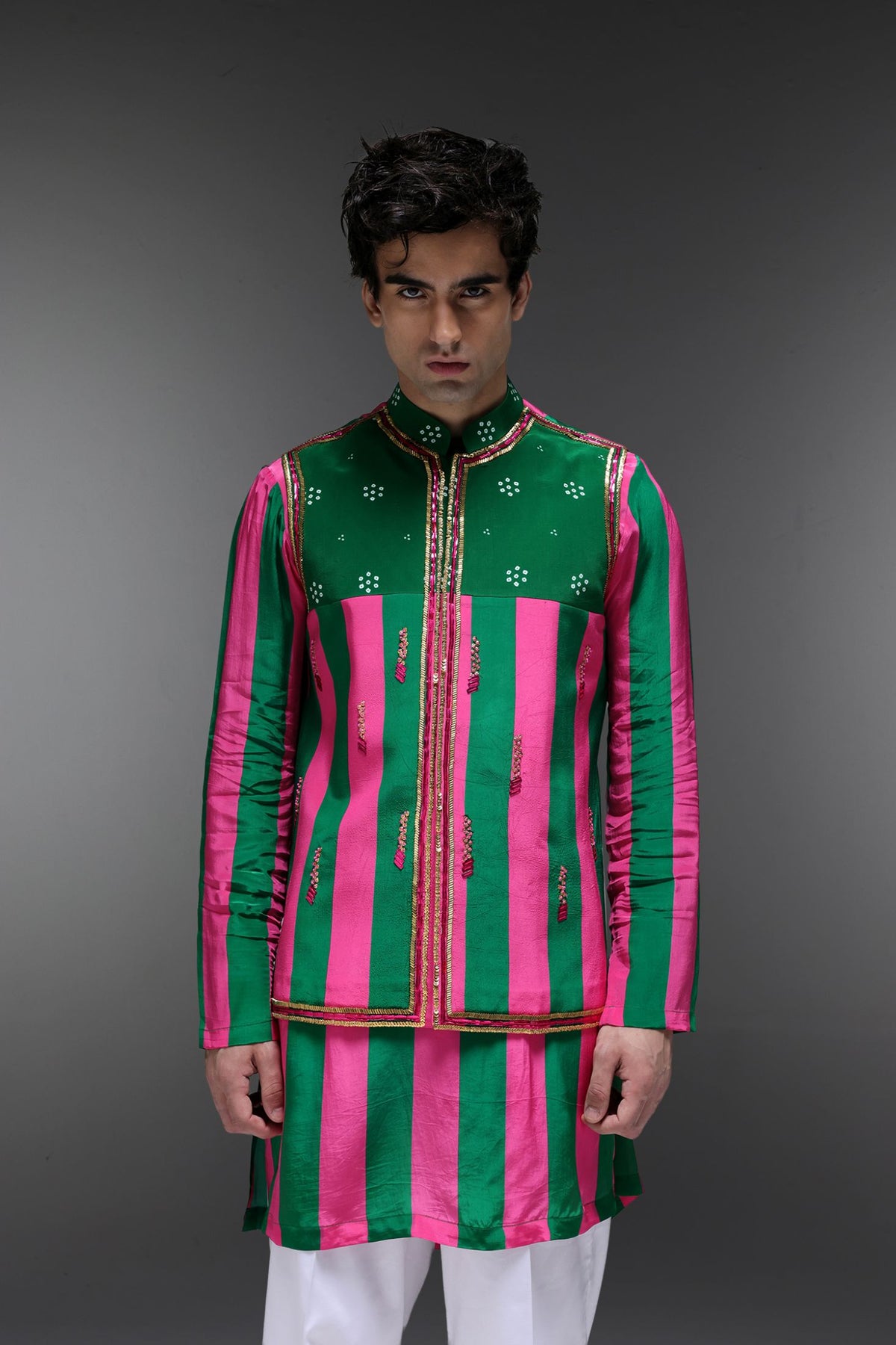 Elaris - Hand Embroidered Designer Bundi With Kurta - Pink & Green