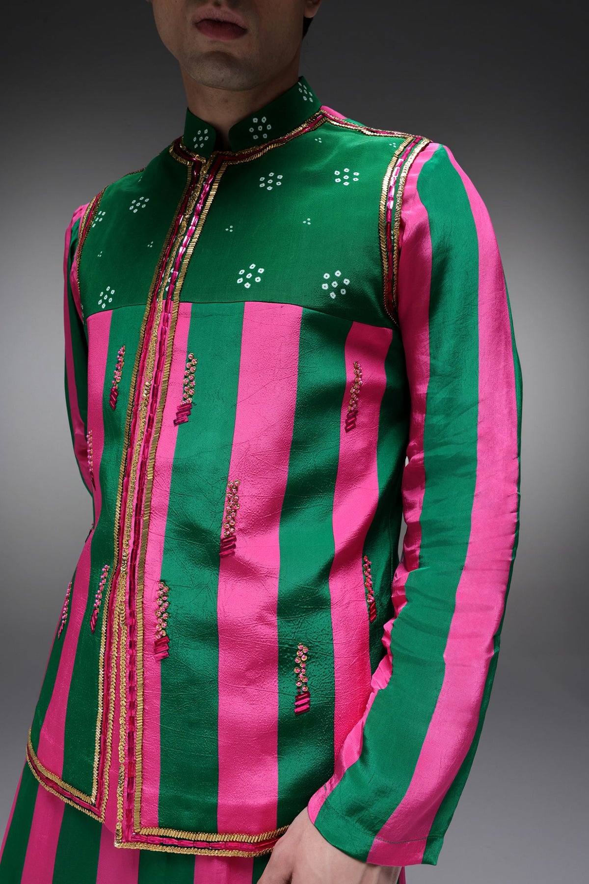 Elaris - Hand Embroidered Designer Bundi With Kurta - Pink & Green