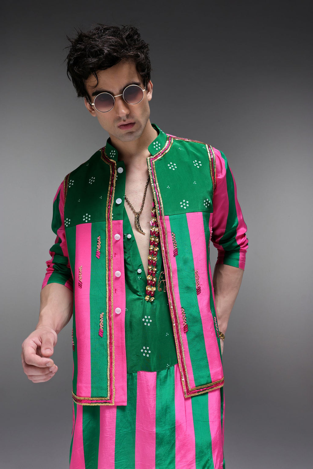 Elaris - Hand Embroidered Designer Bundi With Kurta - Pink & Green