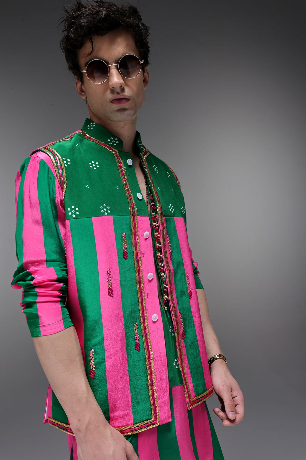 Elaris - Hand Embroidered Designer Bundi With Kurta - Pink & Green