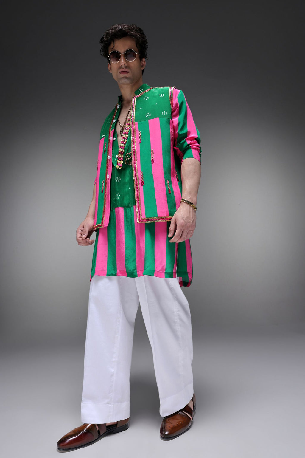 Elaris - Hand Embroidered Designer Bundi With Kurta - Pink & Green