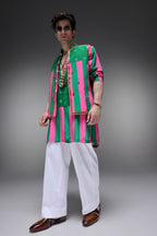 Elaris - Hand Embroidered Designer Bundi With Kurta - Pink & Green