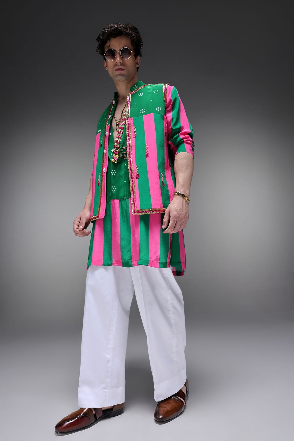 Elaris - Hand Embroidered Designer Bundi With Kurta - Pink & Green