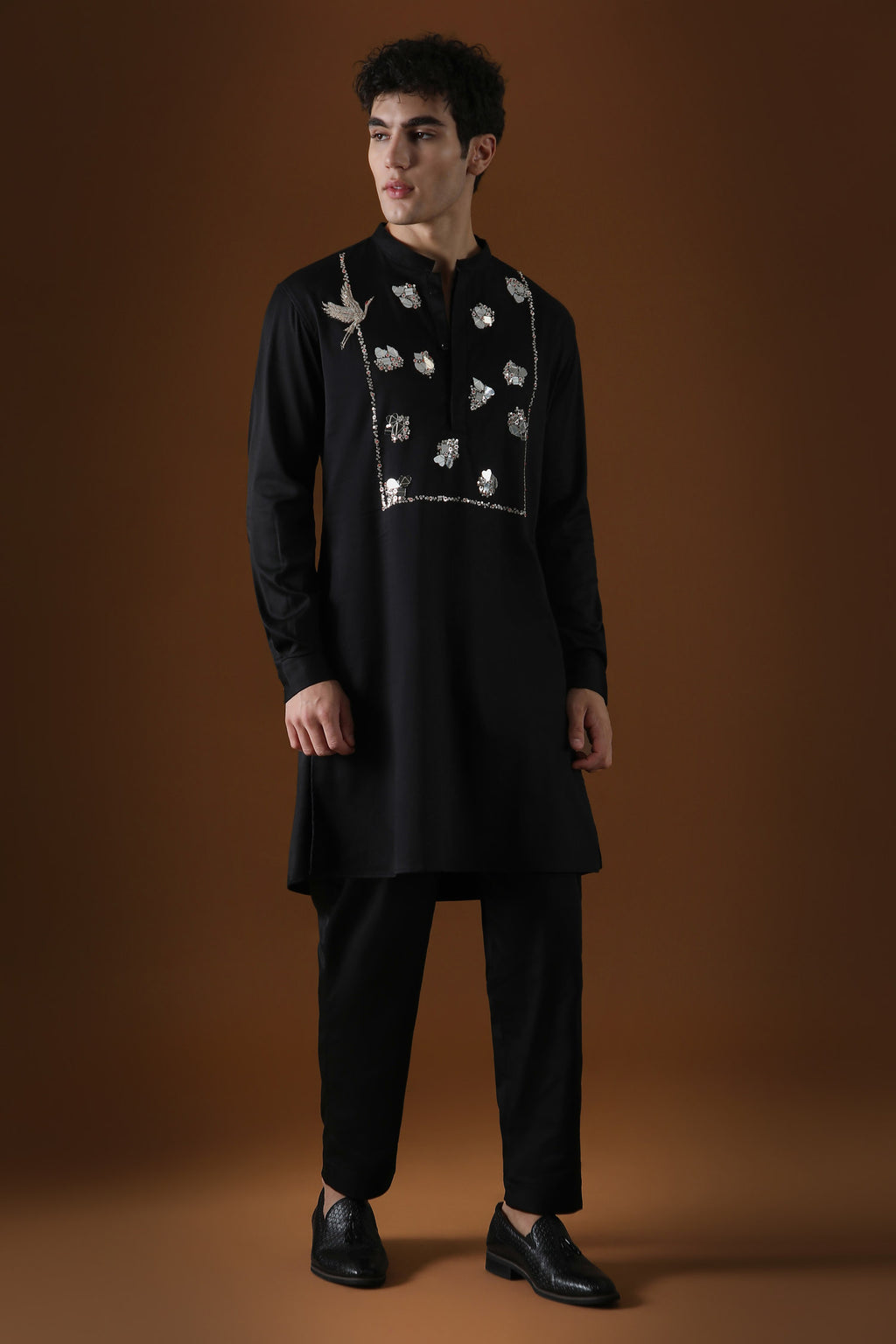Egret Mirror Yoke Hand Embroidered Designer Kurta - Black