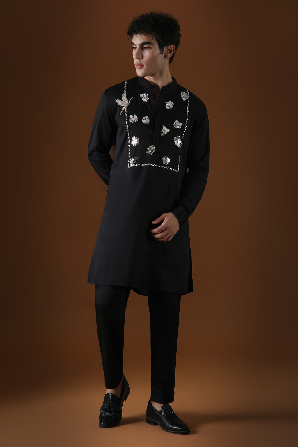 Egret Mirror Yoke Hand Embroidered Designer Kurta - Black