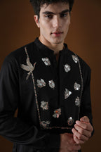 Egret Mirror Yoke Hand Embroidered Designer Kurta - Black