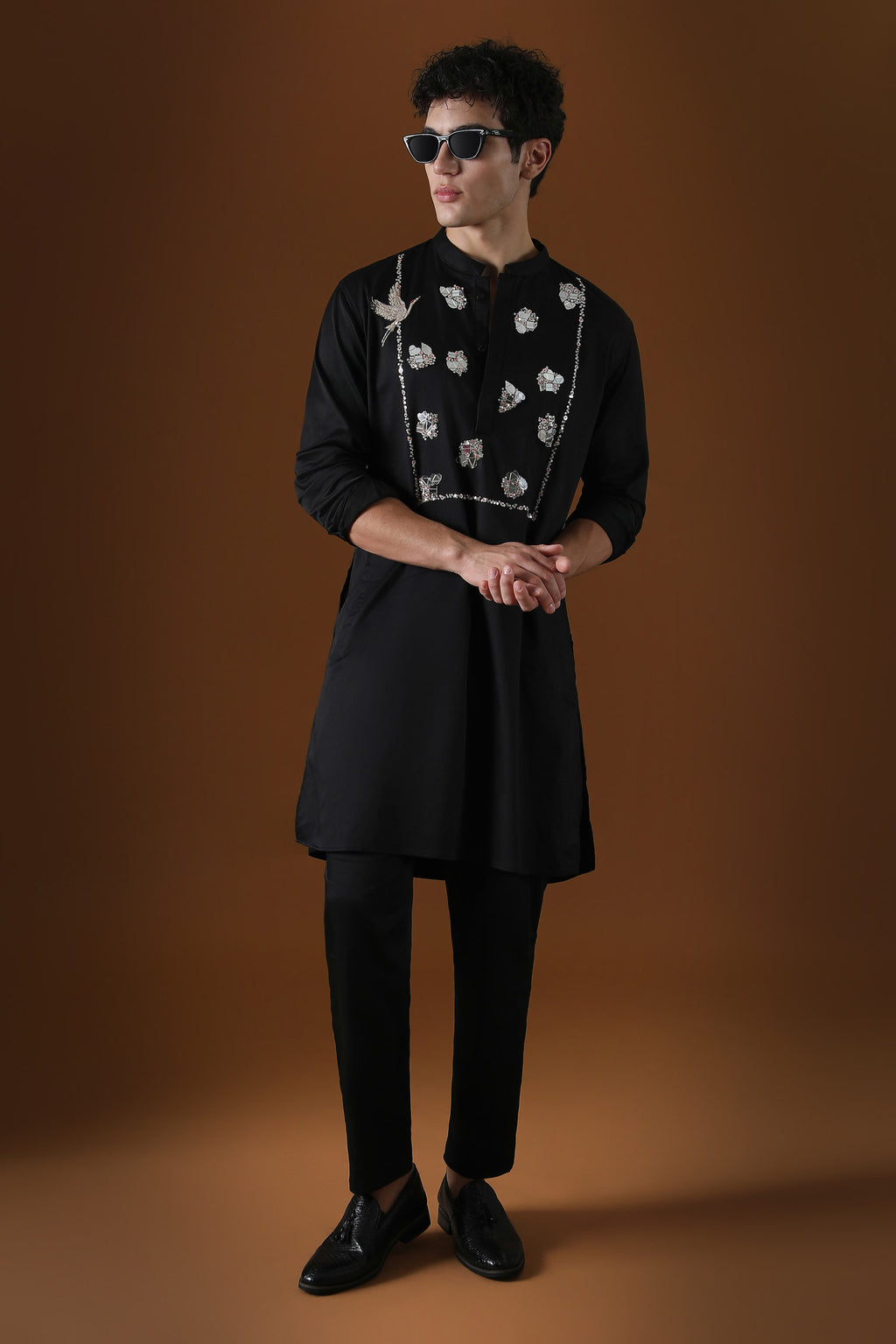 Egret Mirror Yoke Hand Embroidered Designer Kurta - Black
