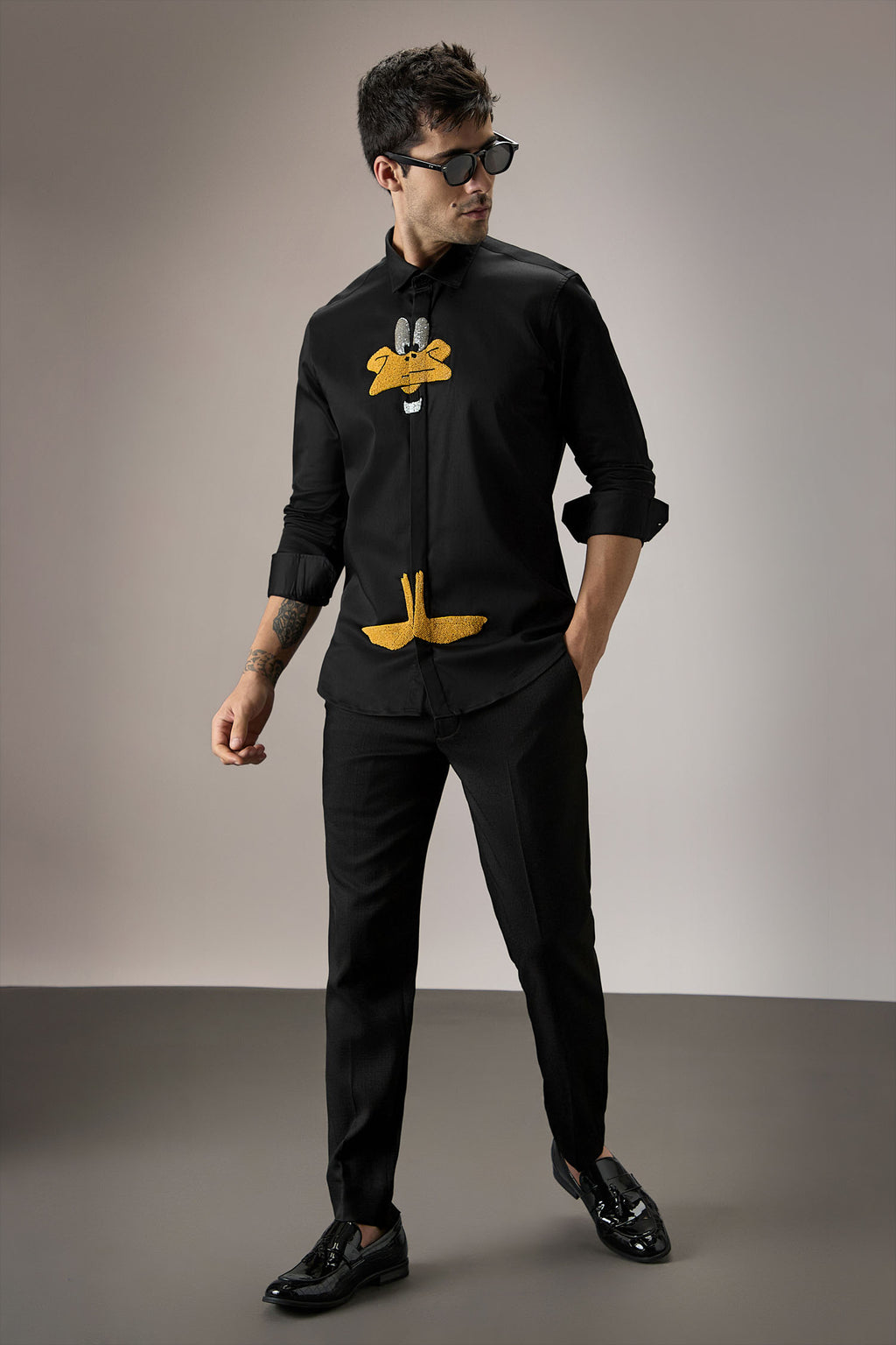 Daffy Duck - Hand Embroidered Designer Shirt - Black