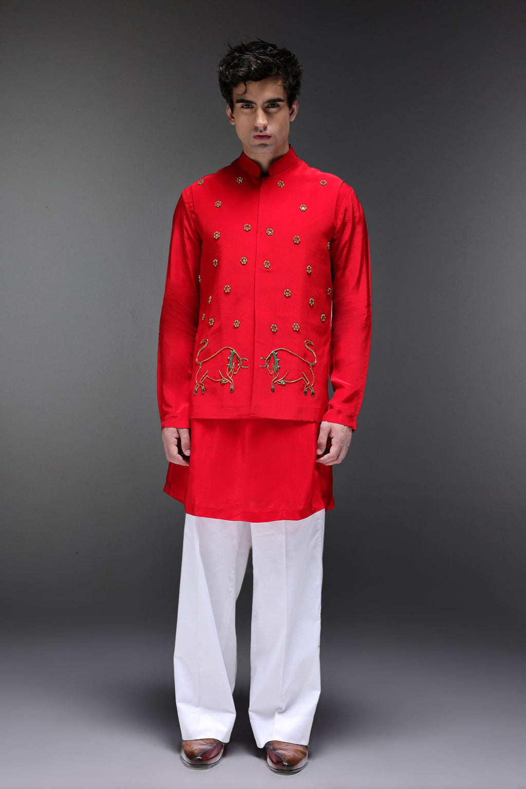 Cretan(Bull) - Hand Embroidered Designer Bundi With Kurta - Red