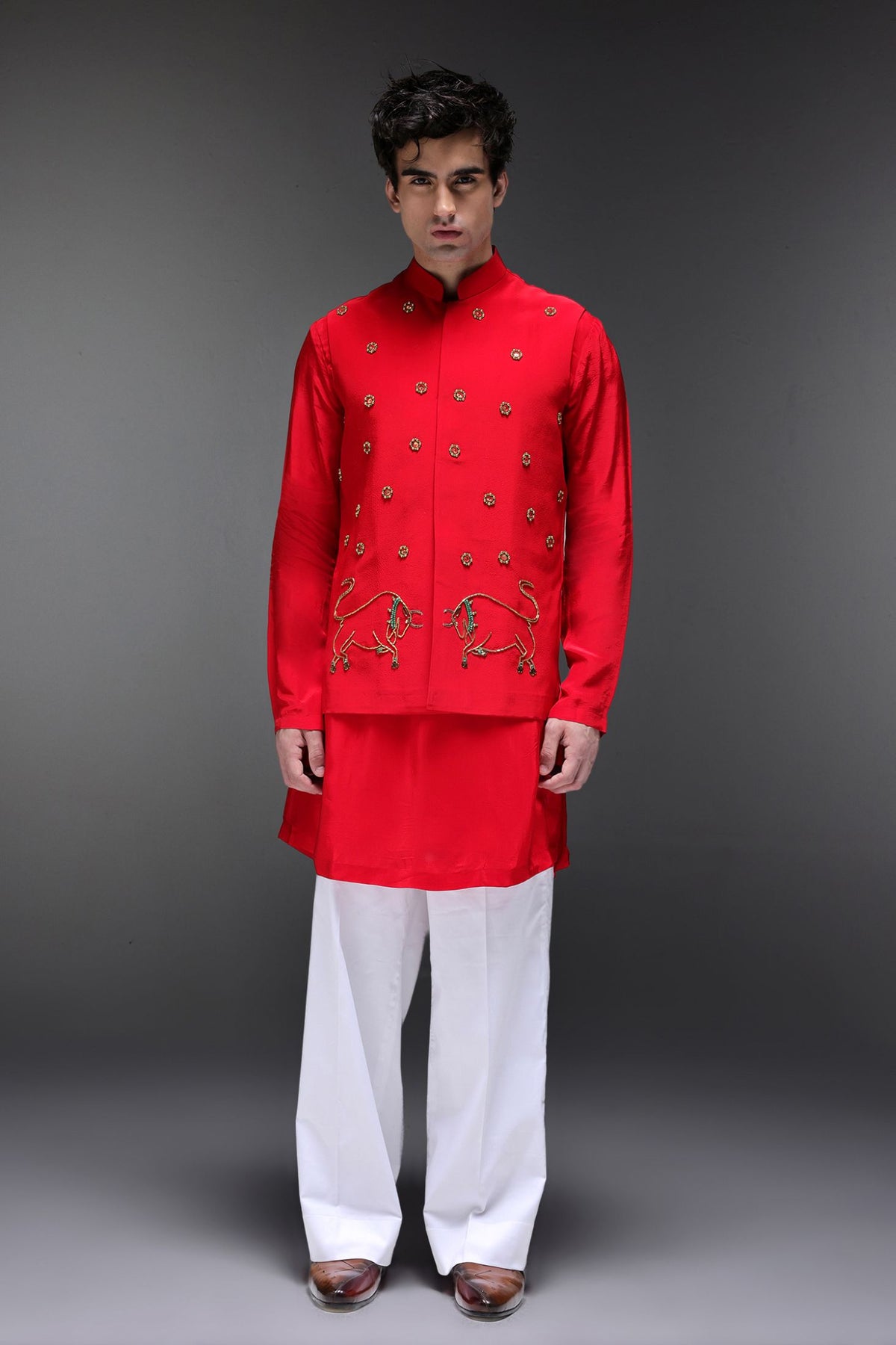 Cretan(Bull) - Hand Embroidered Designer Bundi With Kurta - Red