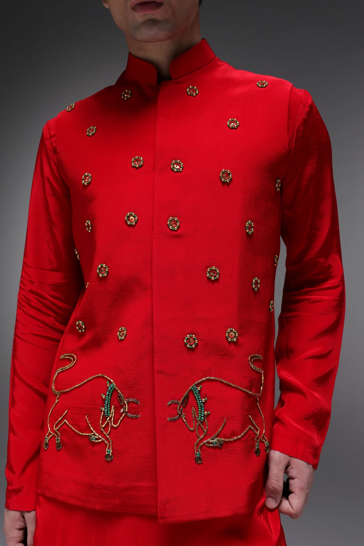 Cretan(Bull) - Hand Embroidered Designer Bundi With Kurta - Red