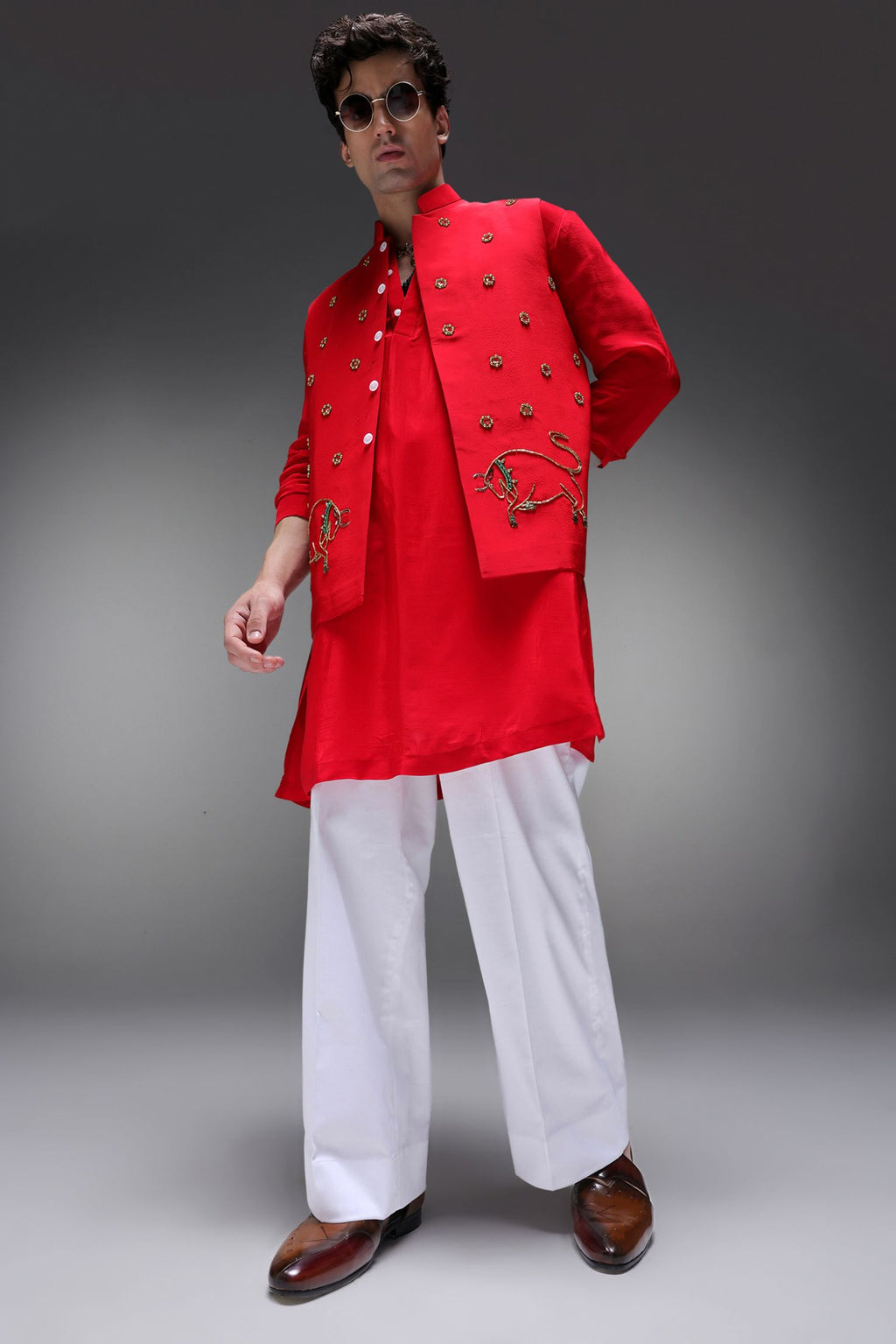 Cretan(Bull) - Hand Embroidered Designer Bundi With Kurta - Red