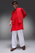 Cretan(Bull) - Hand Embroidered Designer Bundi With Kurta - Red
