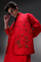 Cretan(Bull) - Hand Embroidered Designer Bundi With Kurta - Red