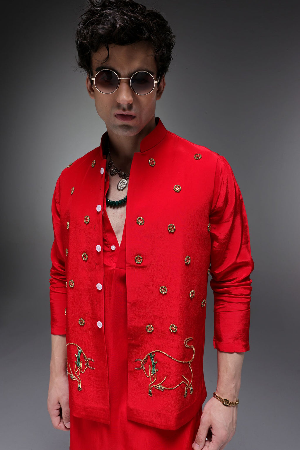 Cretan(Bull) - Hand Embroidered Designer Bundi With Kurta - Red