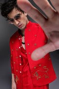 Cretan(Bull) - Hand Embroidered Designer Bundi With Kurta - Red