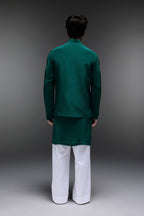 Glory(Bird) - Hand Embroidered Designer Bundi With Kurta - Bottle Green