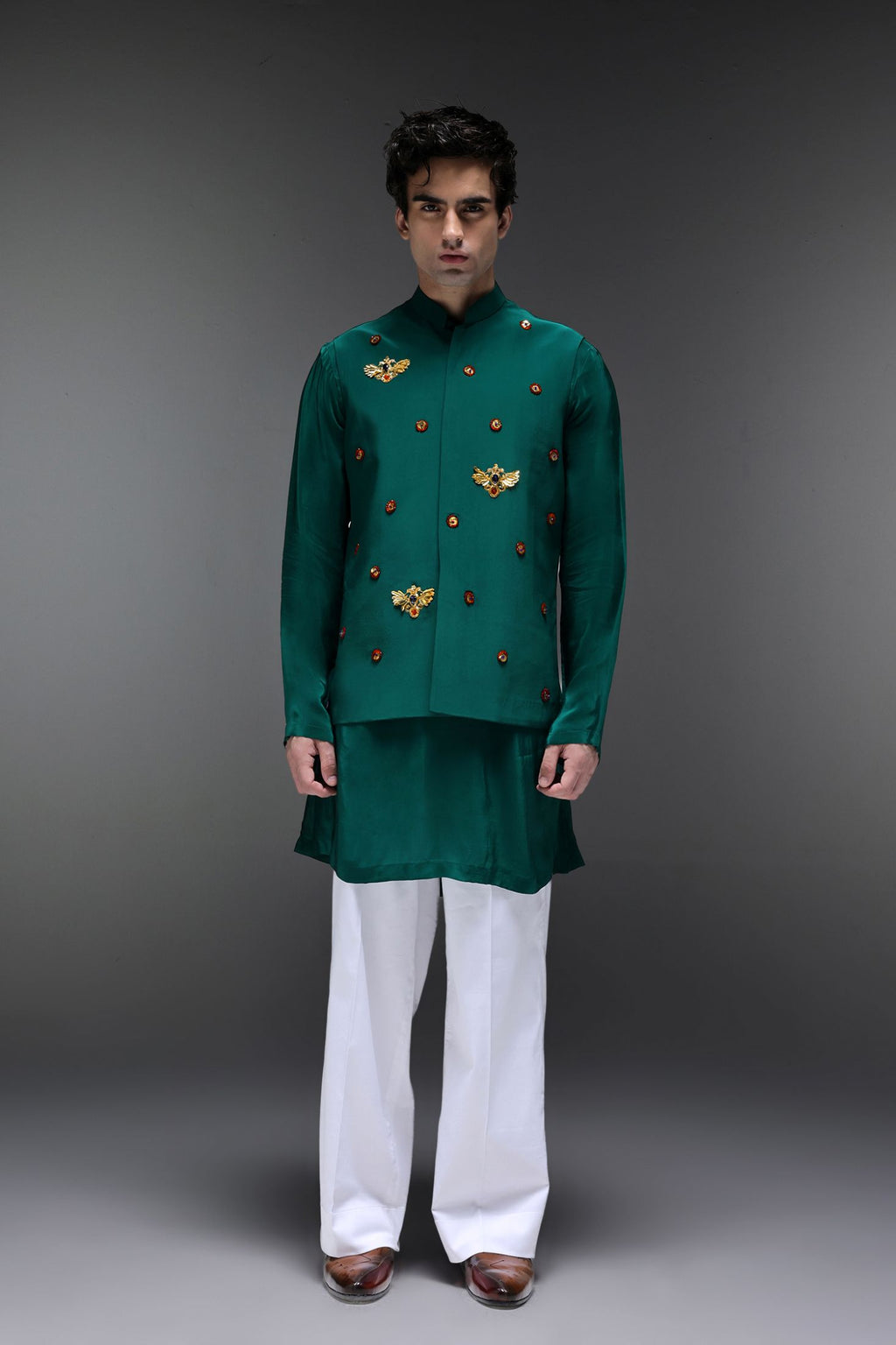 Glory(Bird) - Hand Embroidered Designer Bundi With Kurta - Bottle Green