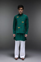Glory(Bird) - Hand Embroidered Designer Bundi With Kurta - Bottle Green