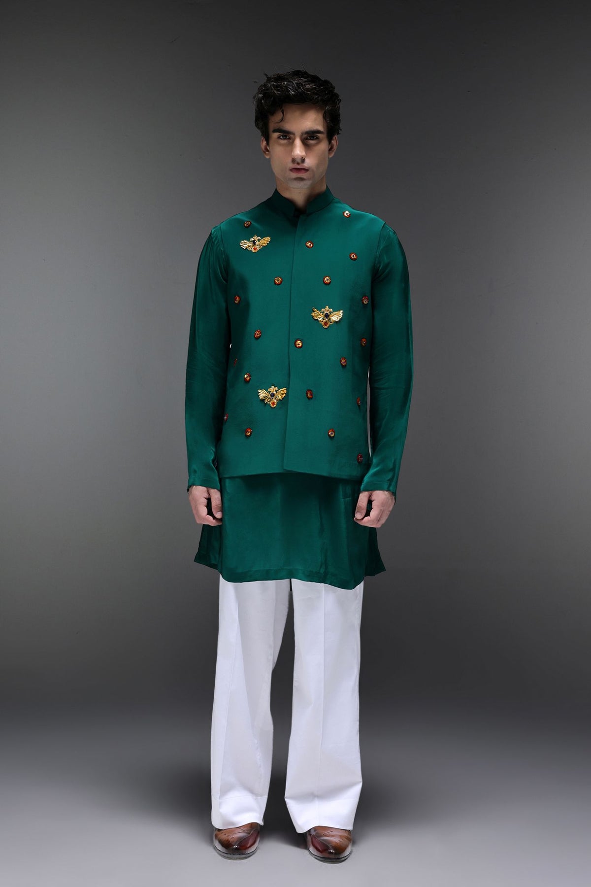 Glory(Bird) - Hand Embroidered Designer Bundi With Kurta - Bottle Green