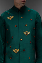 Glory(Bird) - Hand Embroidered Designer Bundi With Kurta - Bottle Green