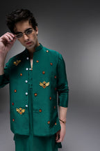 Glory(Bird) - Hand Embroidered Designer Bundi With Kurta - Bottle Green