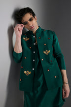 Glory(Bird) - Hand Embroidered Designer Bundi With Kurta - Bottle Green