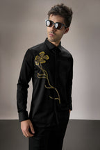 Long Flower Hand Embroidered Designer Shirt - Black
