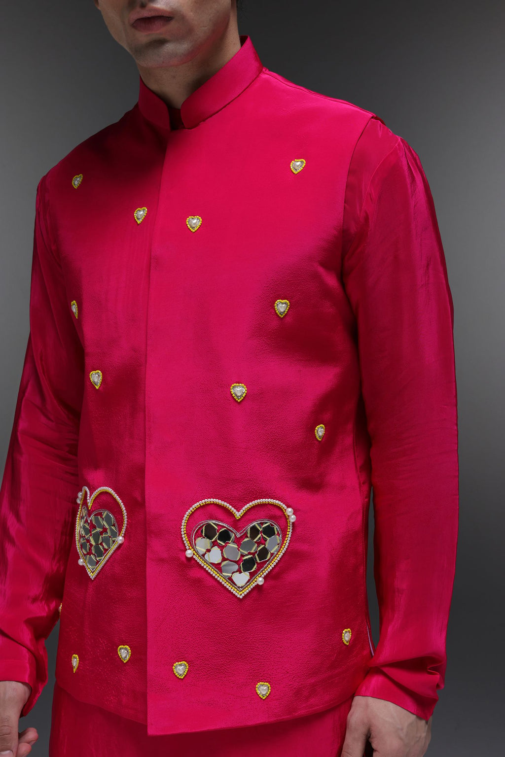 Amour(Mirror Work) - Hand Embroidered Designer Bundi With Kurta - Hot Pink