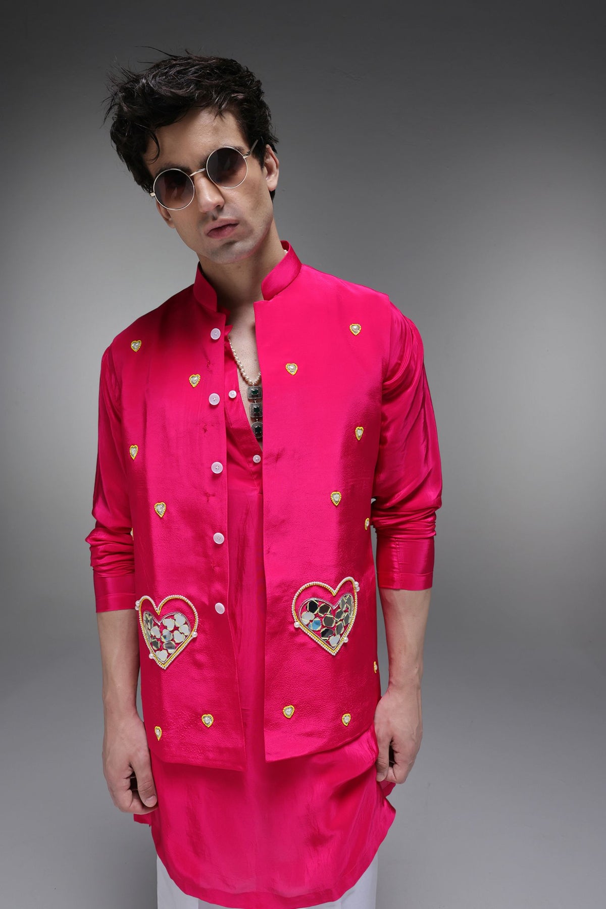 Amour(Mirror Work) - Hand Embroidered Designer Bundi With Kurta - Hot Pink