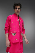 Amour(Mirror Work) - Hand Embroidered Designer Bundi With Kurta - Hot Pink