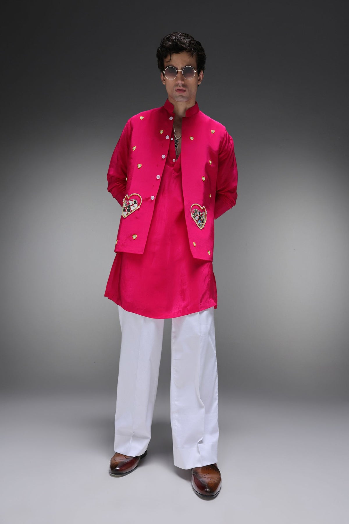 Amour(Mirror Work) - Hand Embroidered Designer Bundi With Kurta - Hot Pink