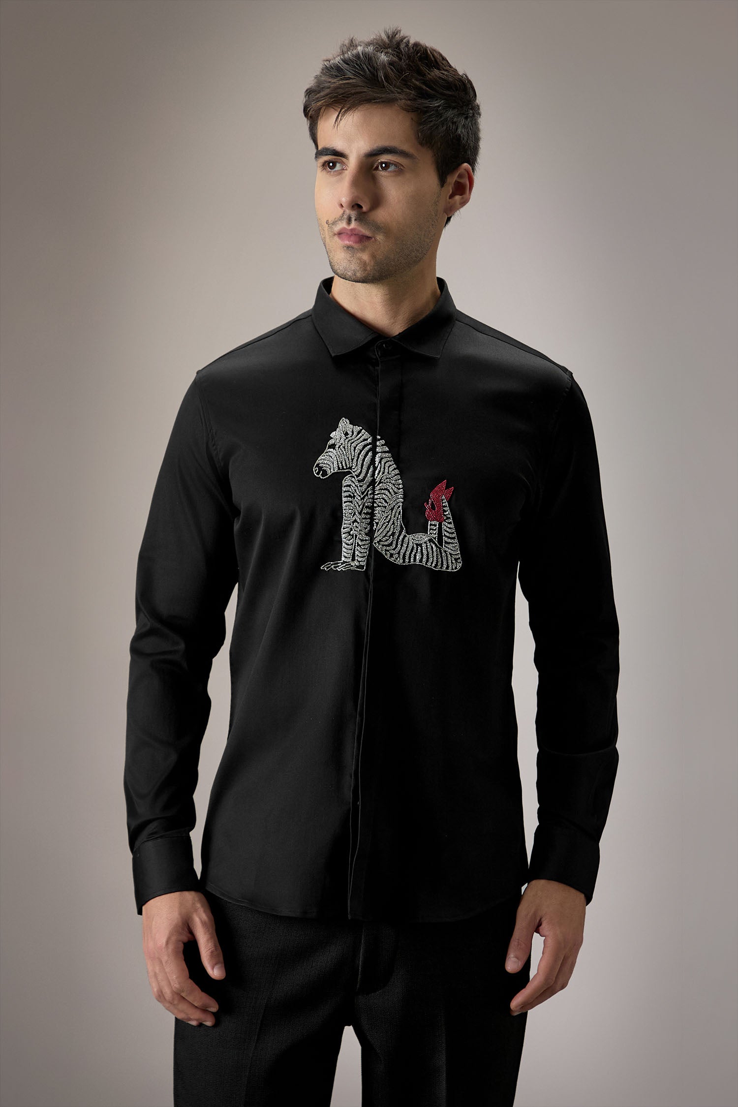ZEBRA - Hand Embroidered Designer Shirt - Black