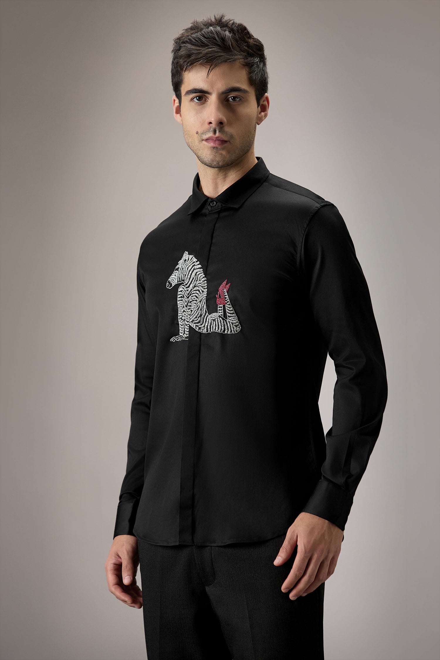 ZEBRA - Hand Embroidered Designer Shirt - Black