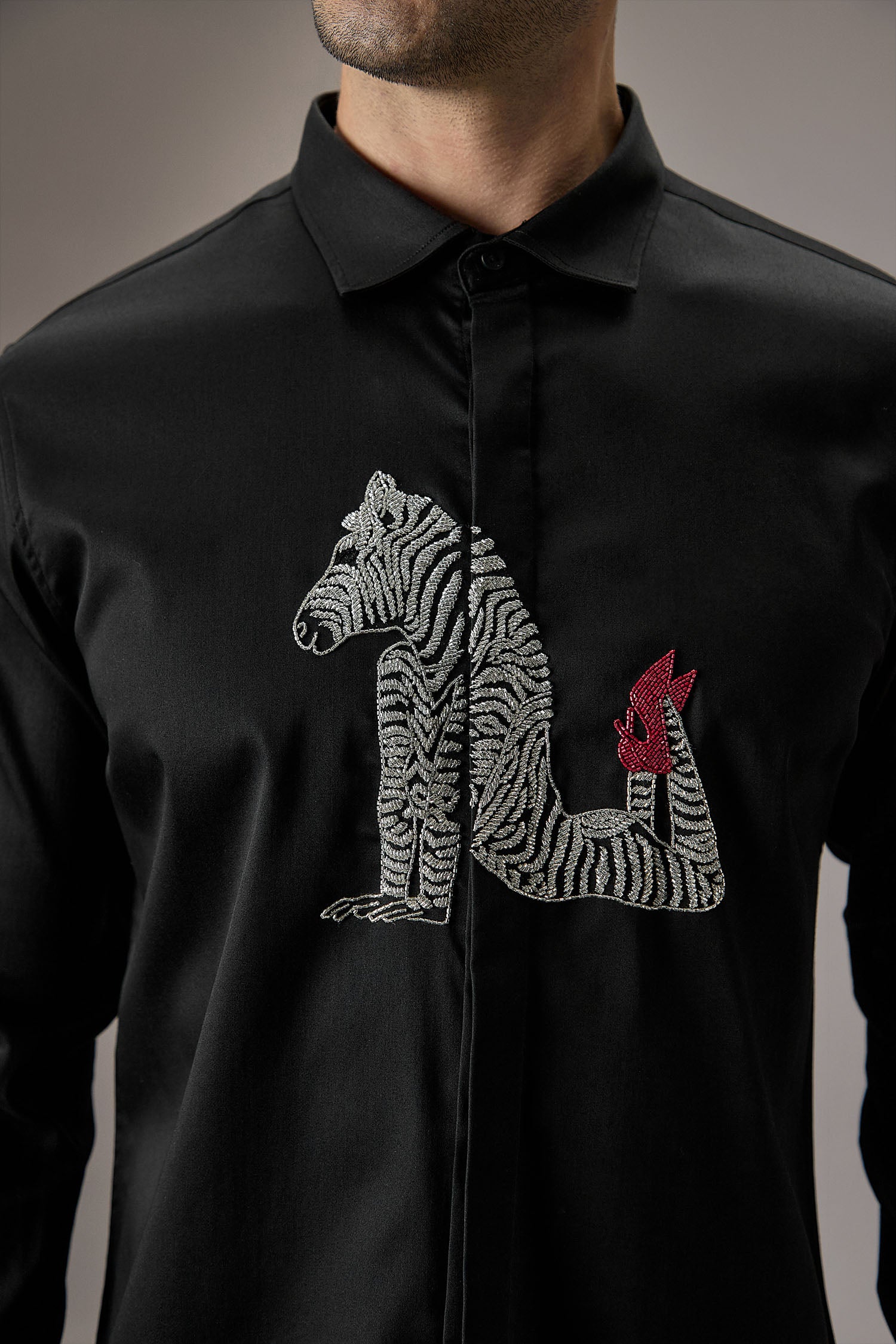 ZEBRA - Hand Embroidered Designer Shirt - Black