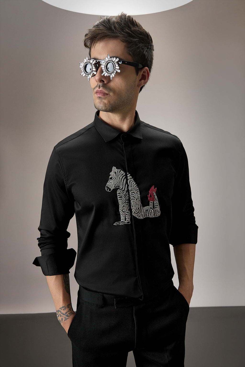 ZEBRA - Hand Embroidered Designer Shirt - Black
