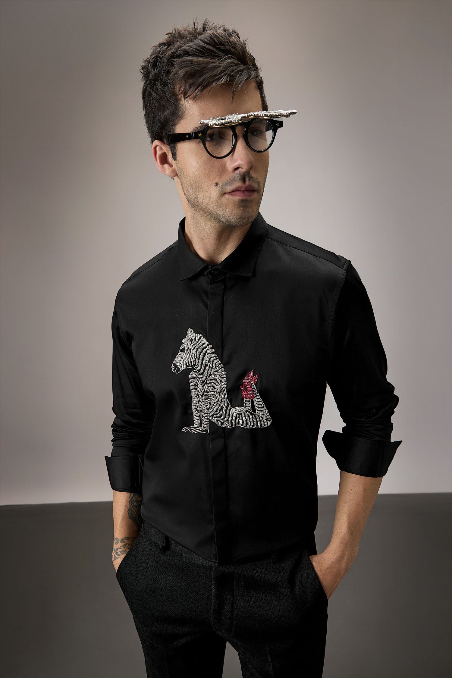 ZEBRA - Hand Embroidered Designer Shirt - Black