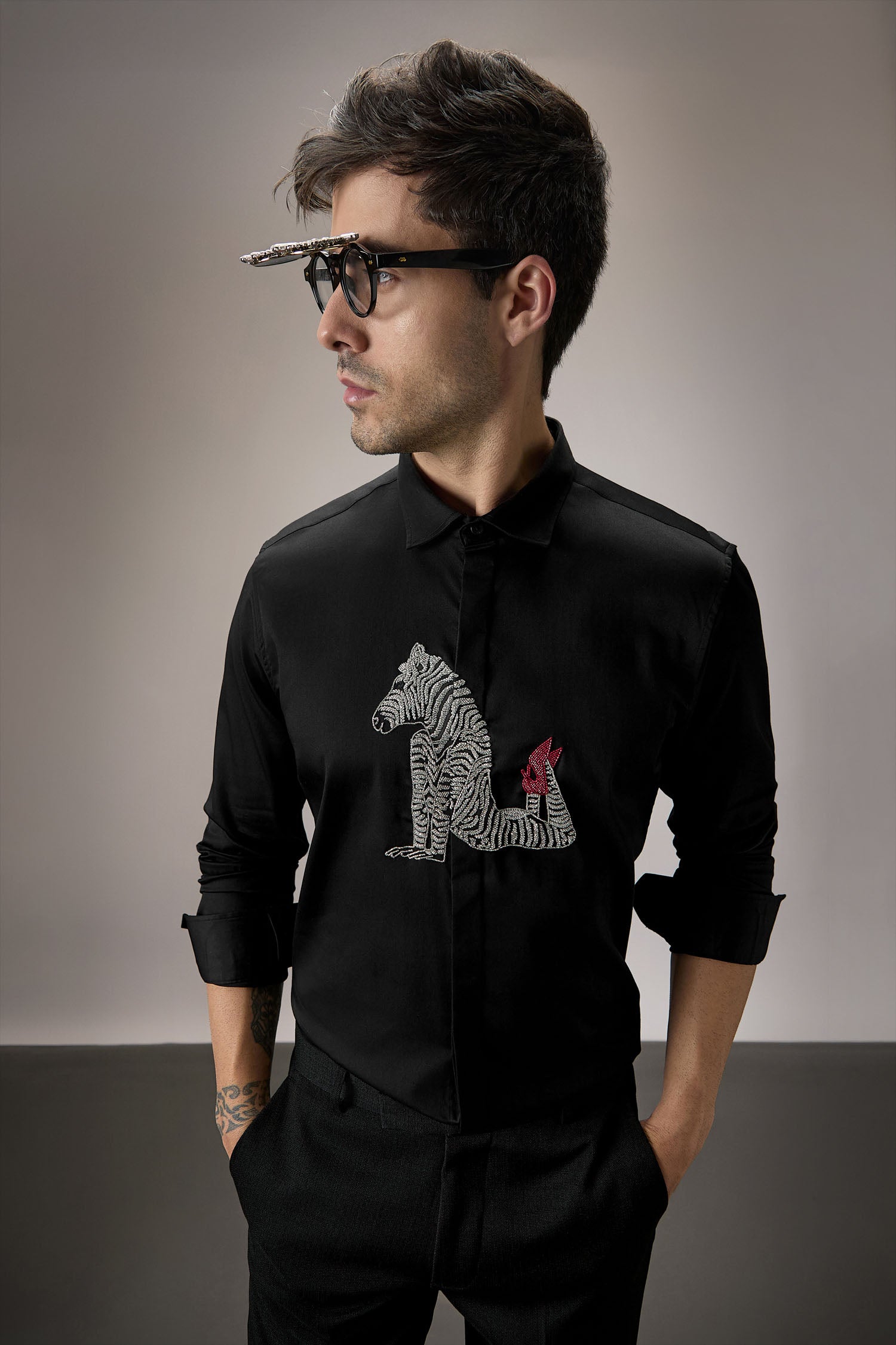 ZEBRA - Hand Embroidered Designer Shirt - Black
