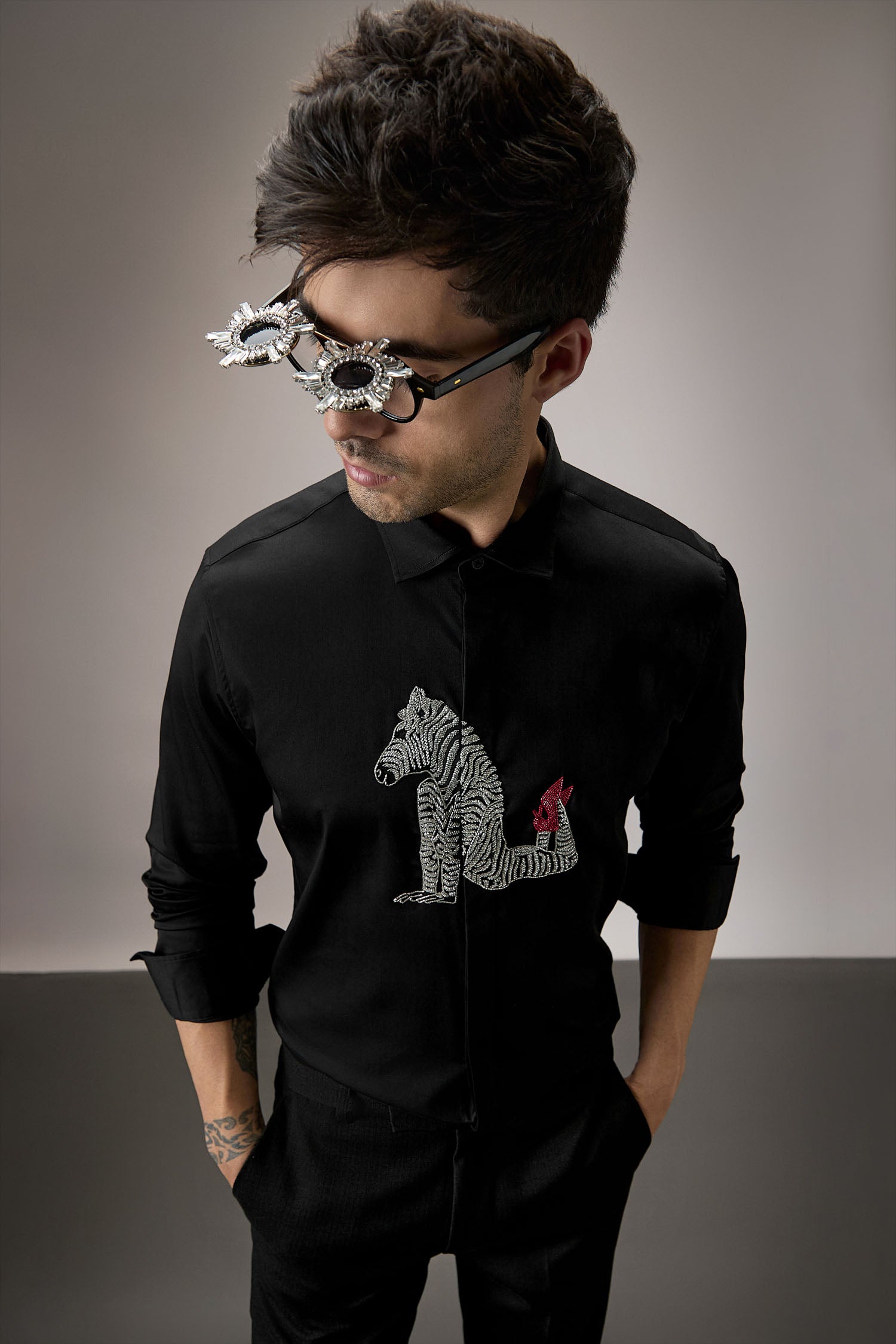 ZEBRA - Hand Embroidered Designer Shirt - Black
