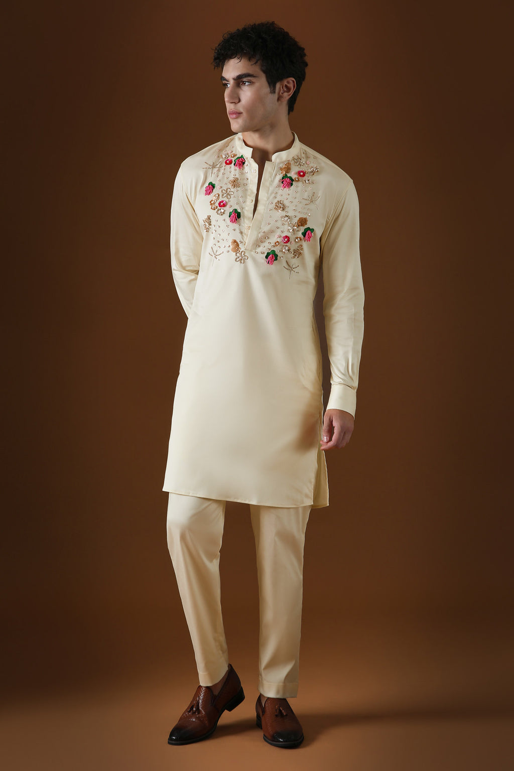 Wild Flowers Hand Embroidered Designer Kurta - Ivory